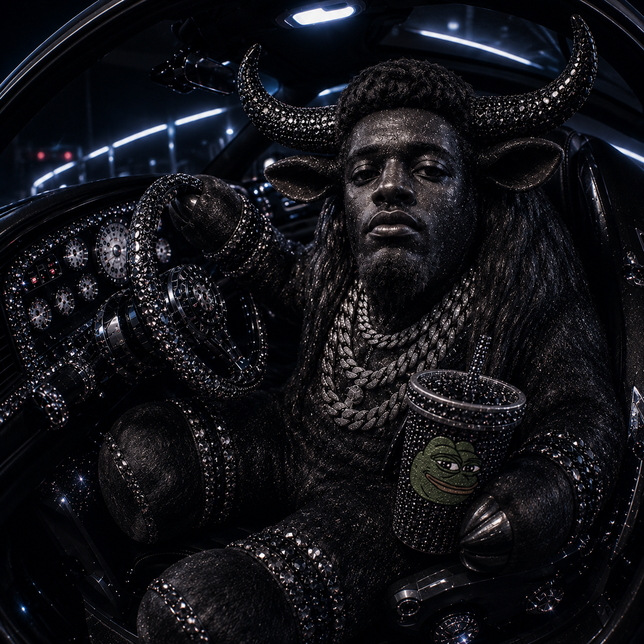 The Rich Bull character in a black diamond suit